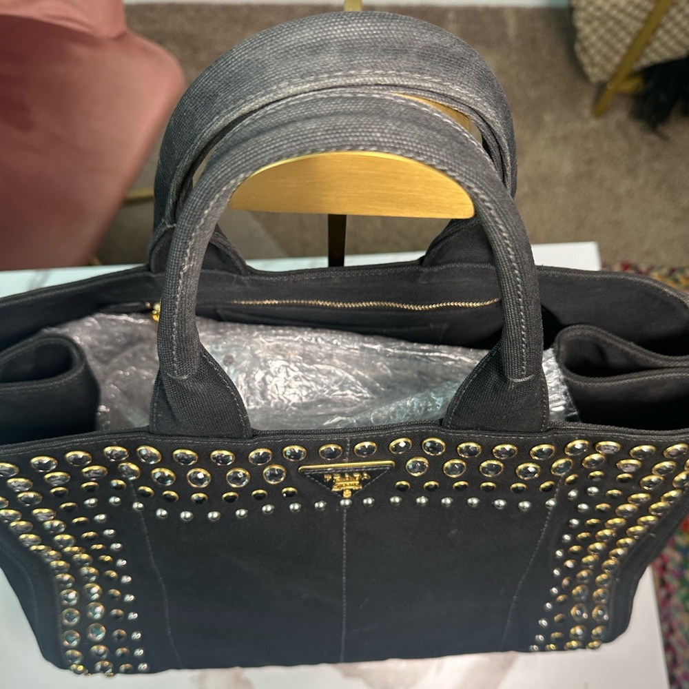 SOLD ❌❌❌Prada Crystal Studded Canapa Tote Bag - Picture 4 of 13